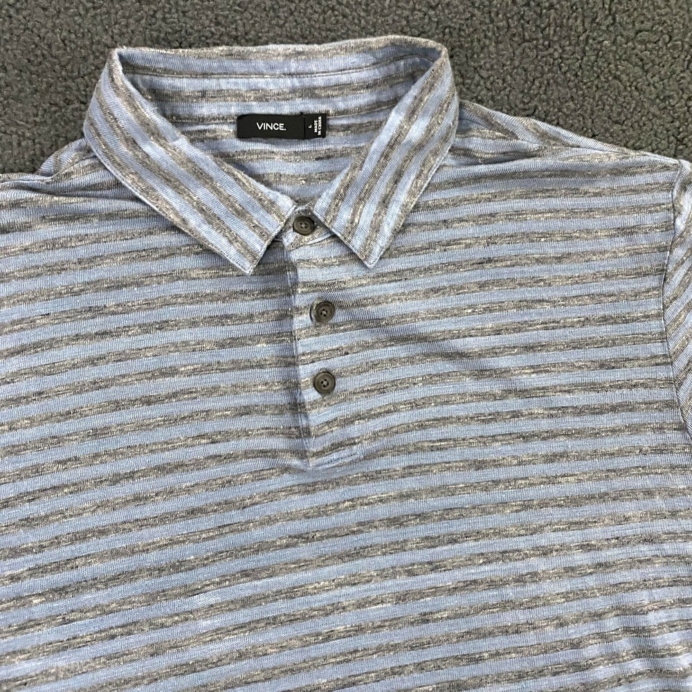 Vince Polo Shirt Mens Large Blue Gray Stripe Short Sleeve Linen Knit Lightweight